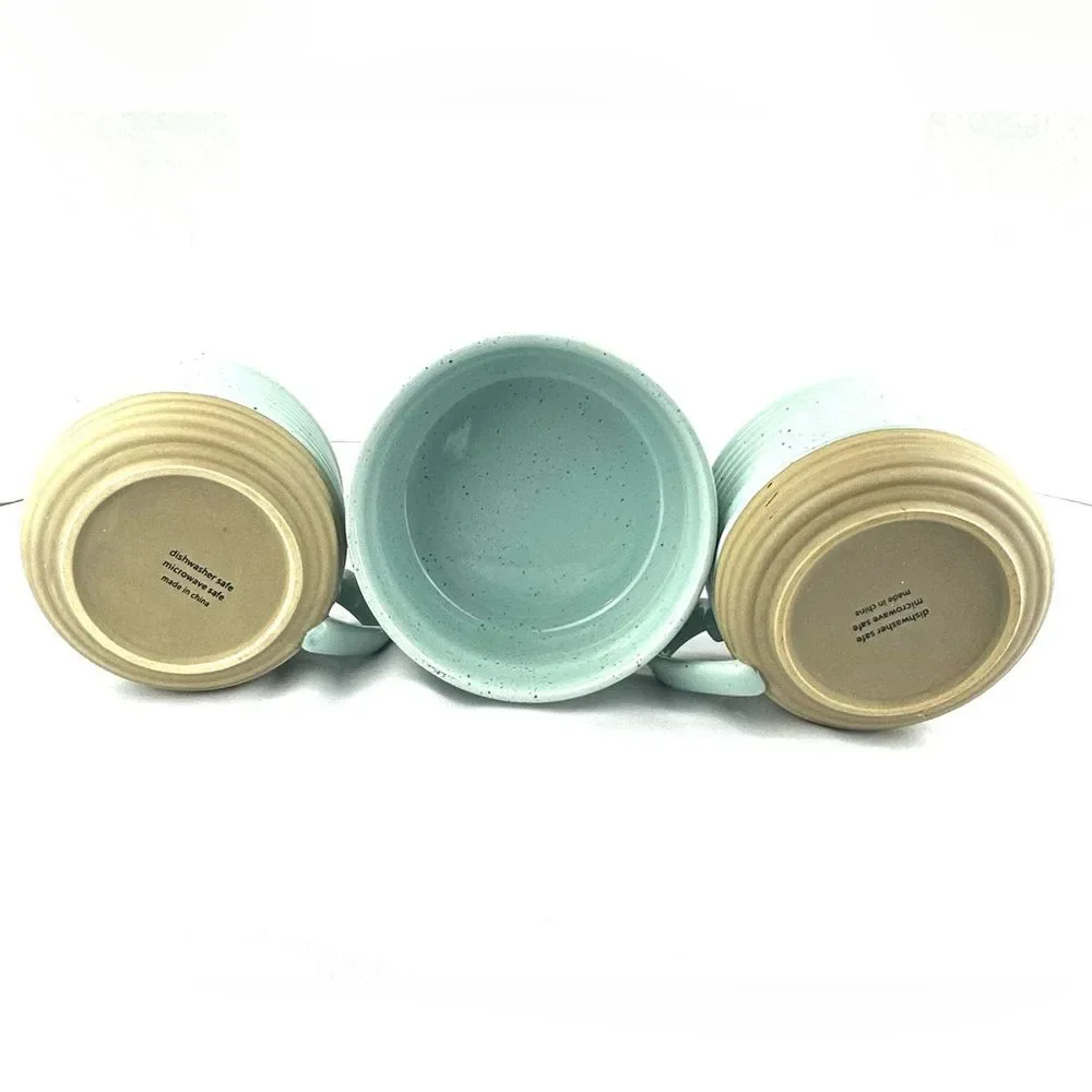 Set of 3 Ceramic Bowl and Large Soup Mugs Blue and Tan